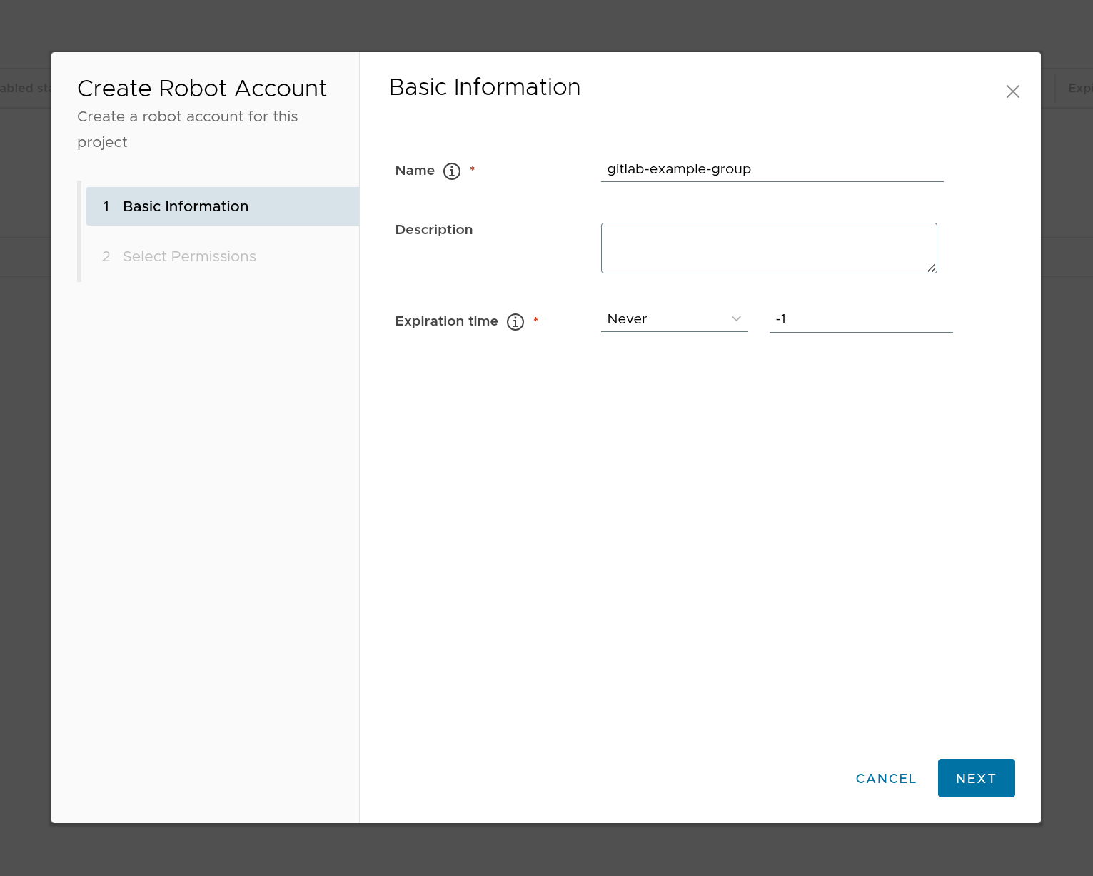 Create a robot account - Basic information
