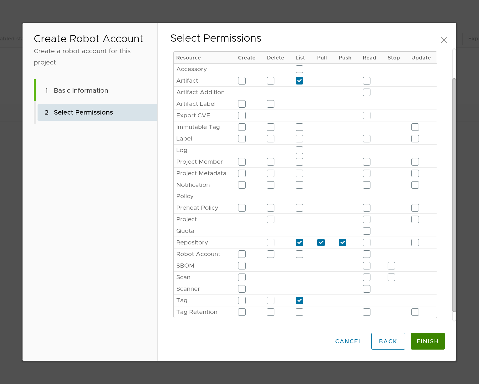 Create a robot account - Select permissions