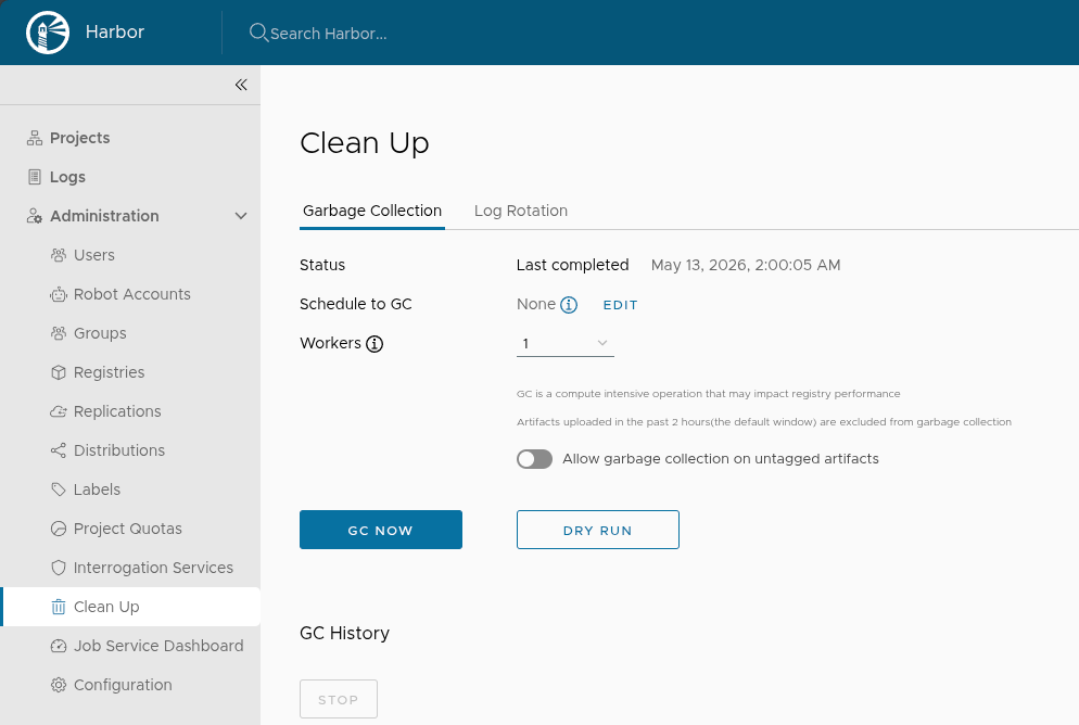 Page d'administration de la garbage collection